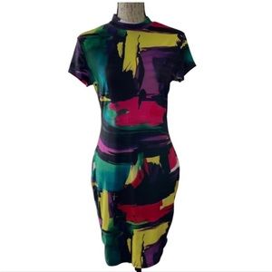 SHEIN Bodycon Mock-Collar Patchwork Multicolor Mini Dress Womens Size M|6